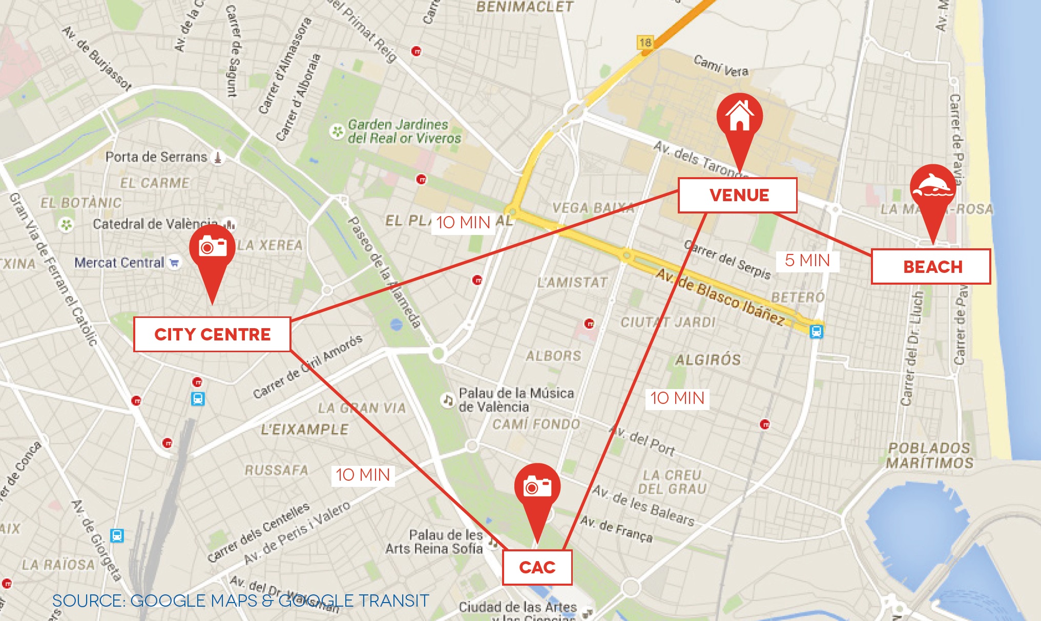 City Map Valencia with venues